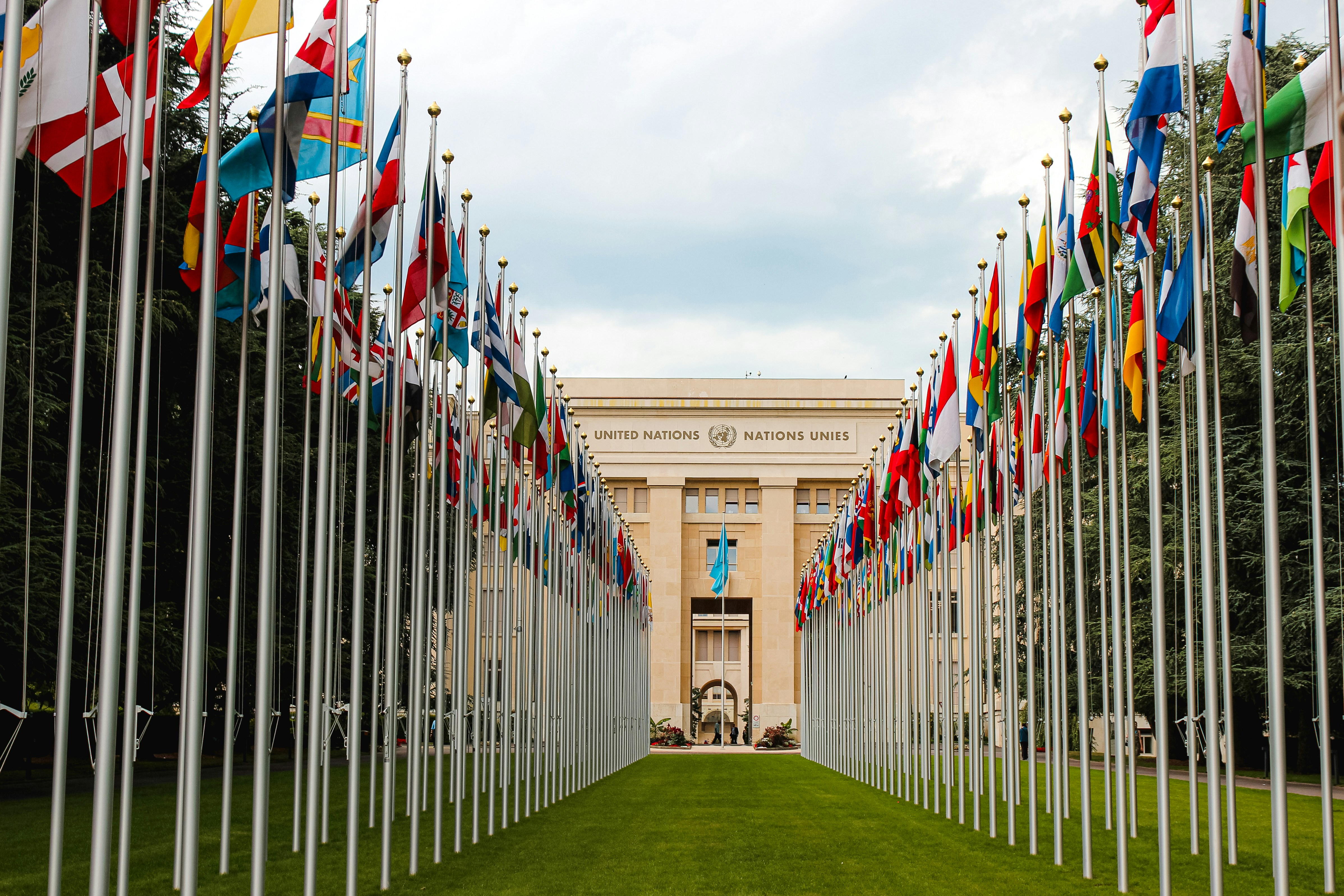 The United Nations headquarters in Geneva at dusk
