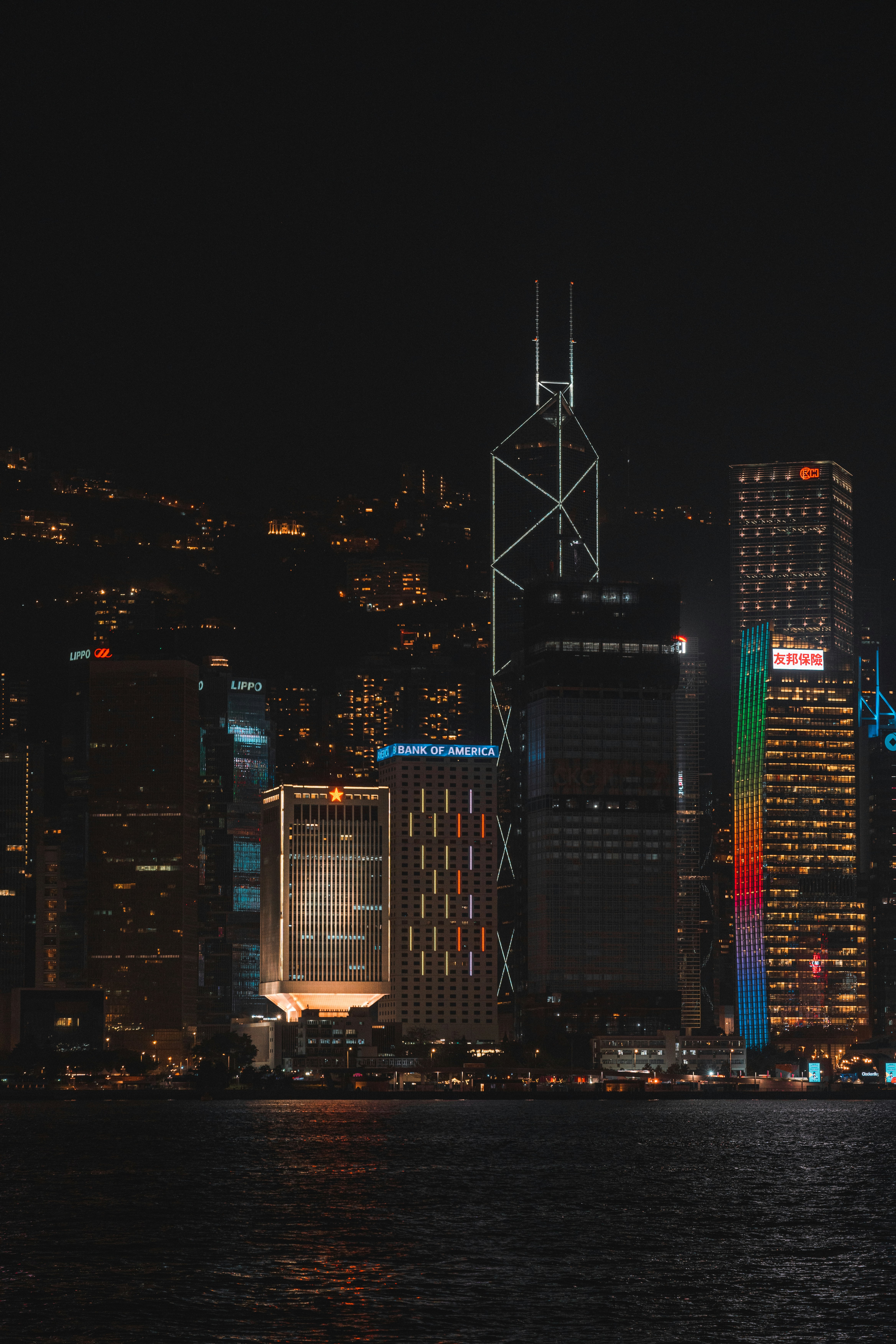 A dense financial district skyline at night, with illuminated bank towers reflected on water