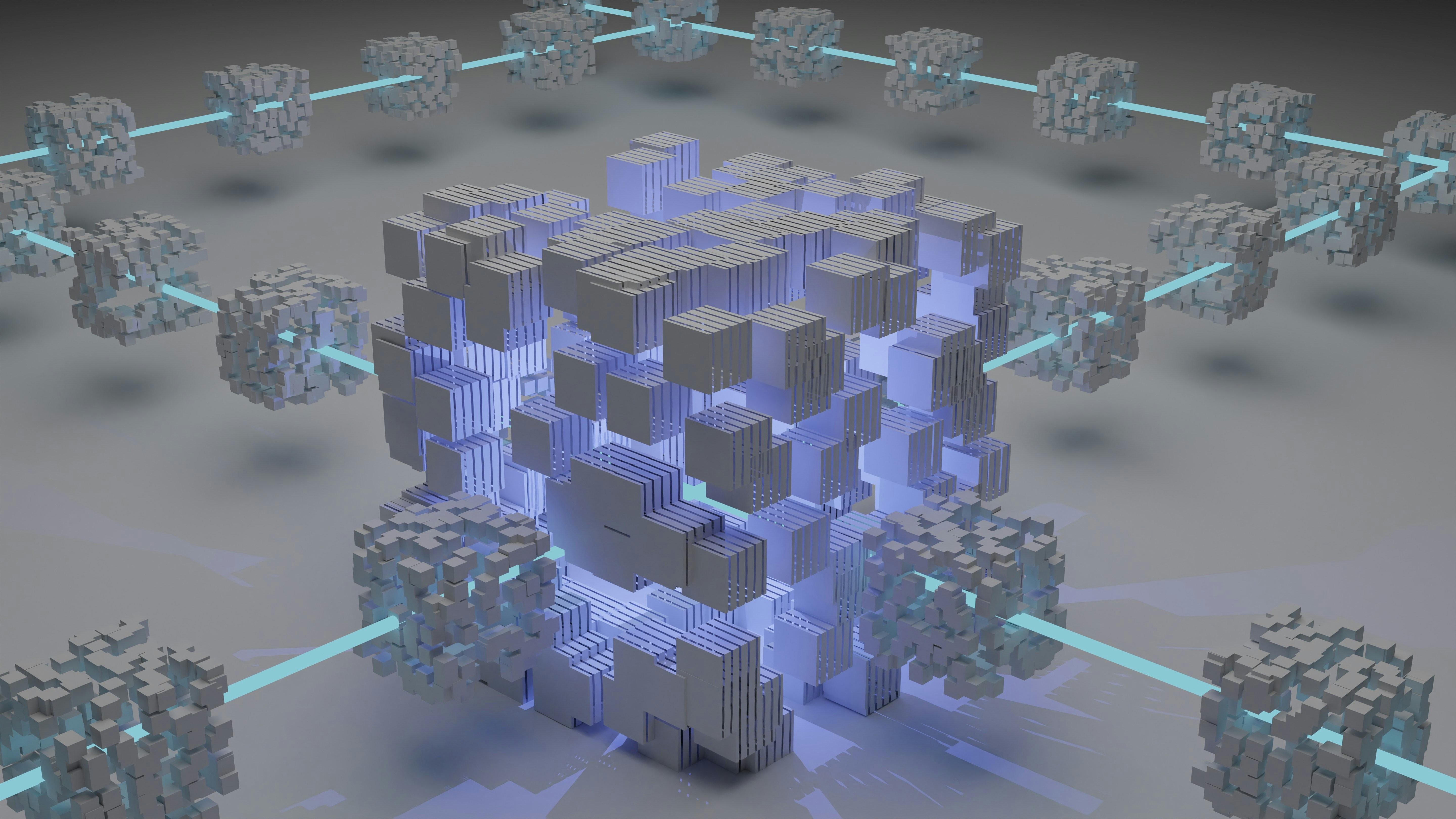 An abstract isometric render of interconnected cubic data nodes, glowing teal against a neutral field